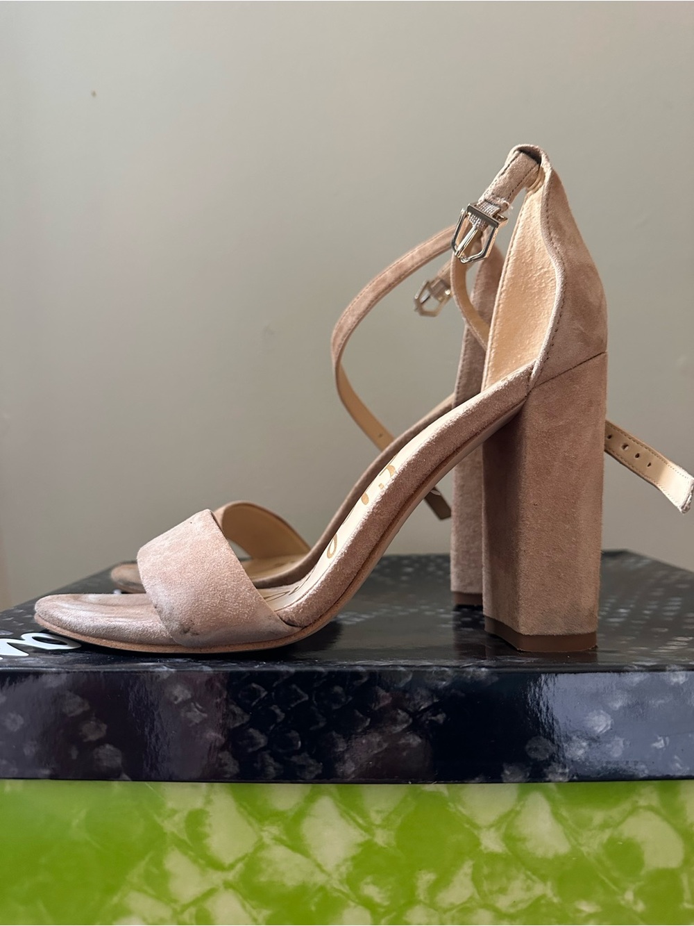 Delman Beige Suede Ankle-Strap Block Heels